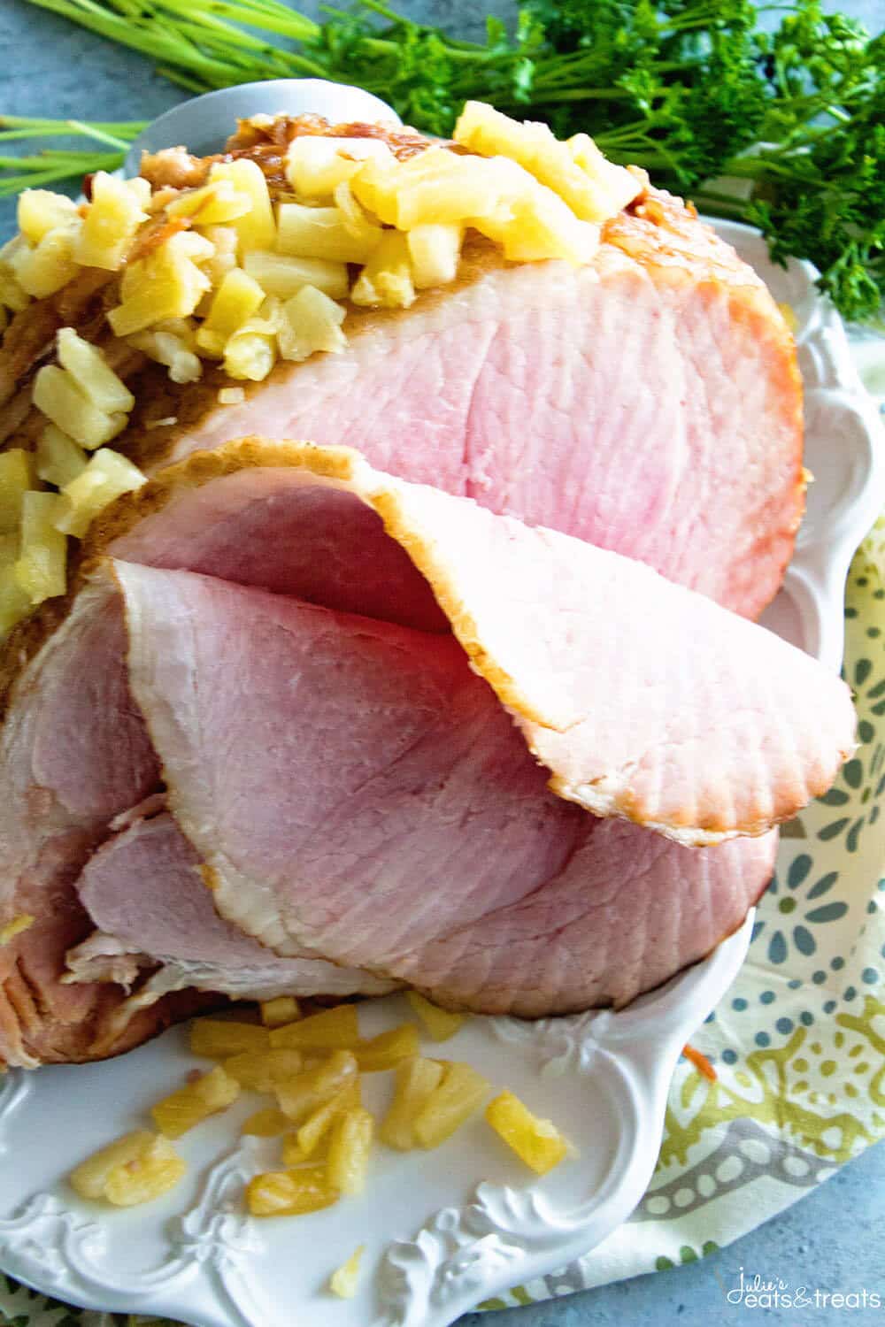 A close up of a spiral cut ham