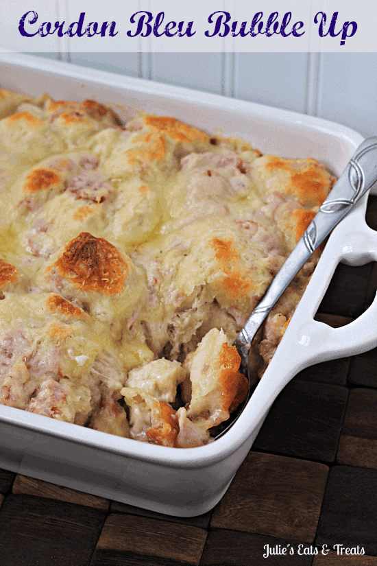 Cordon Bleu Bubble Up ~ Comforting casserole full of biscuits, Alfredo sauce, chicken, ham and swiss cheese!