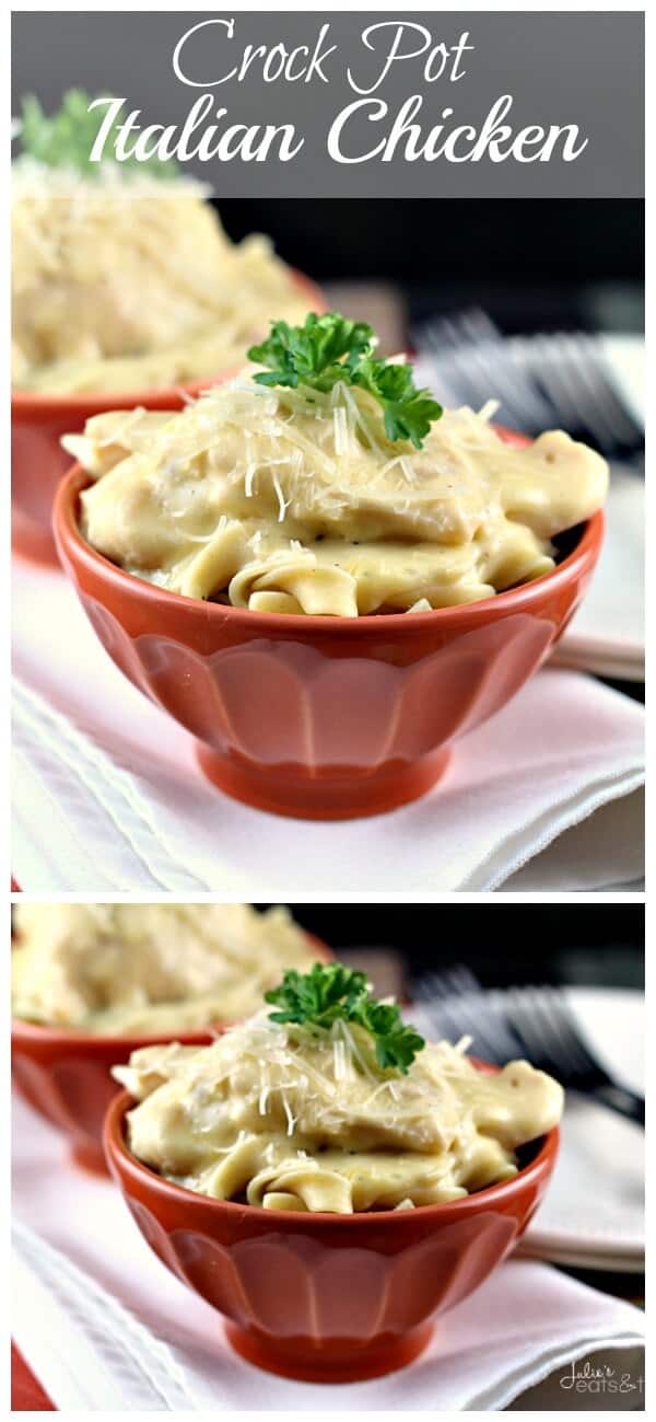 Crock Pot Italian Chicken ~ Super Easy Crock Pot Recipe! Chicken Loaded with Italian Spices and Piled on Pasta!