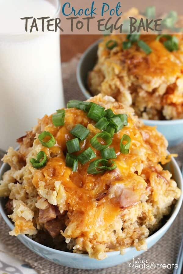 Crock Pot Tater Tot Egg Bake ~ Overnight Crock Pot Egg Bake Stuffed with Tater Tots, Canadian Bacon, Eggs & Cheese!