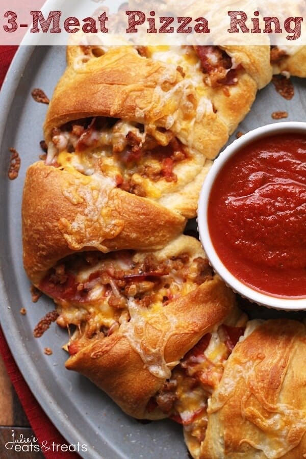 3-Meat Pizza Ring ~ Flaky Crescent Rolls Stuffed with Three Meats and topped with Cheese! The Perfect Quick & Easy Weeknight Dinner or Game Day Treat!