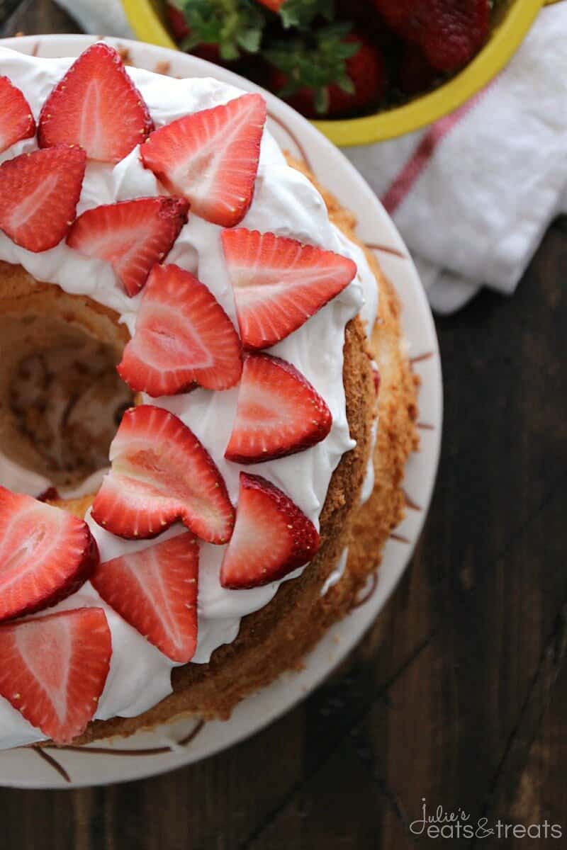 Strawberry Lemon Fluff Angel Food Cake ~ Light, Fluffy Angel Food Cake Pilled with Light & Creamy Lemon Filling and Fresh Strawberries!