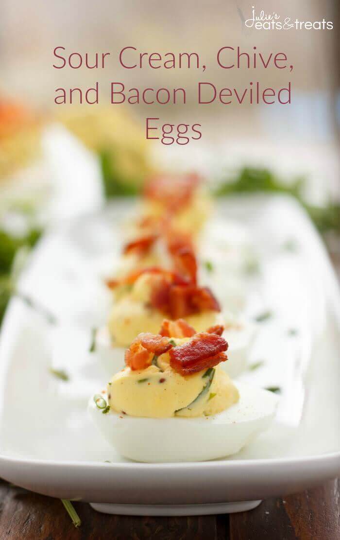 Around Easter time, hard boiled eggs are a dime a dozen so why not whip up something awesome like these sour cream, chive, and bacon deviled eggs!