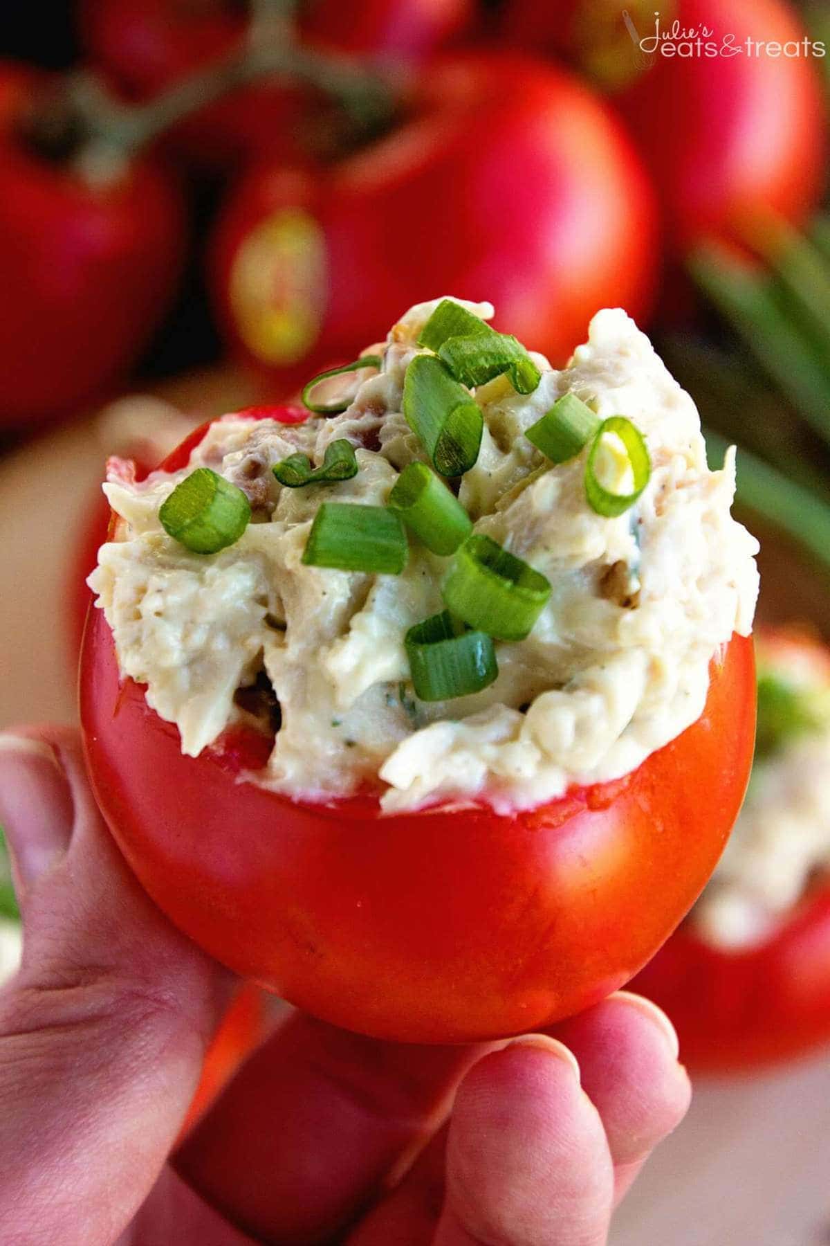 Bacon Ranch Chicken Salad Stuffed Tomatoes + VIDEO - Julie 