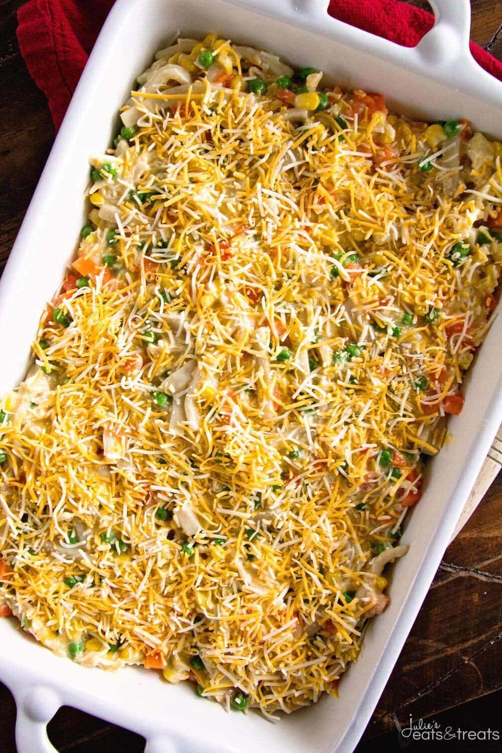 Cheesy Chicken Noodle Casserole ~ Easy, Hearty and Comforting Casserole Loaded with Chicken, Peas, Carrots, Corn and Egg Noodles! This Will Become a Family Favorite Dinner!