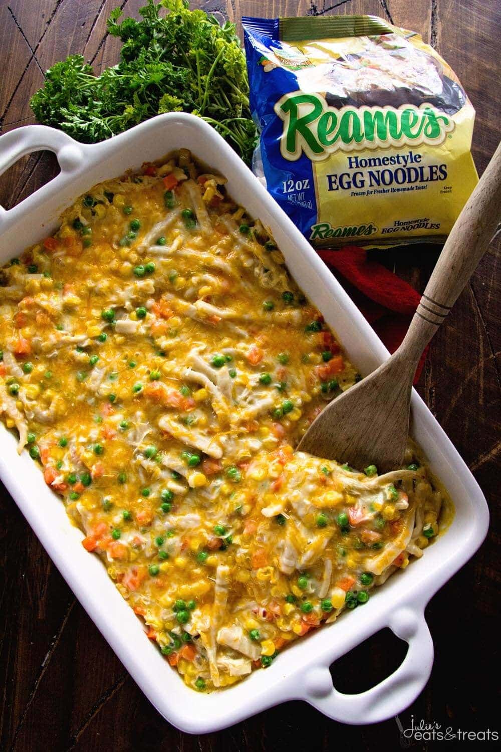 Cheesy Chicken Noodle Casserole ~ Easy, Hearty and Comforting Casserole Loaded with Chicken, Peas, Carrots, Corn and Egg Noodles! This Will Become a Family Favorite Dinner!